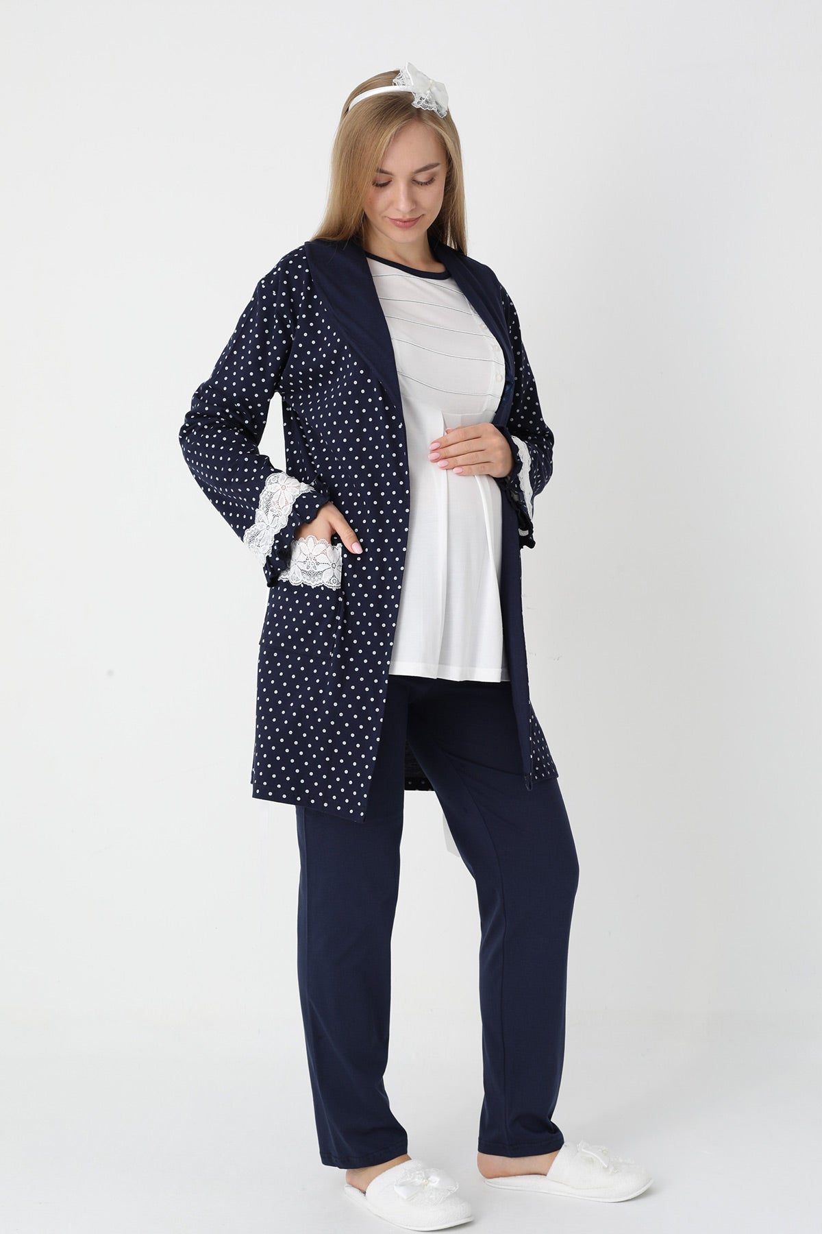 Lacy Edge 3-Piece Maternity Feeding-Friendly Pajama & Polka Dot Robe Set Navy Blue - Z3451