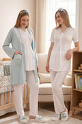 Lace Collar 3-Piece Maternity Feeding-Friendly Pajama & Robe Set Mint - Z3459
