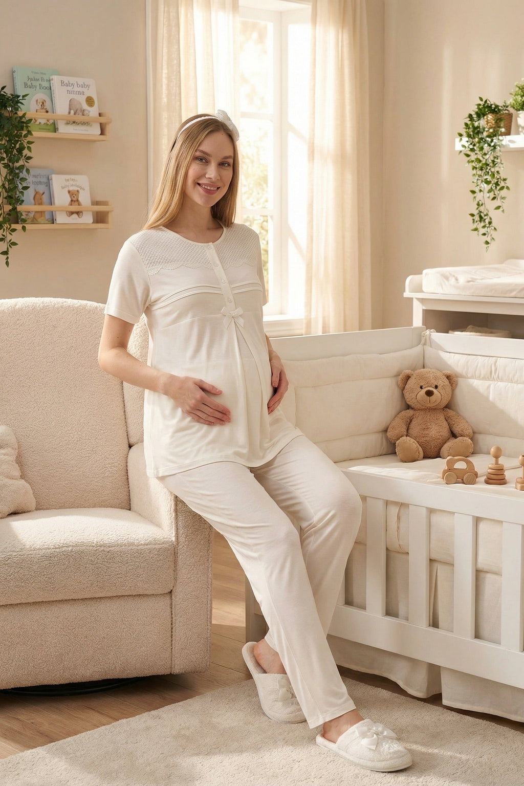 Lace Collar 3-Piece Maternity Feeding-Friendly Pajama & Patterned Robe Set Ecru - Z3460
