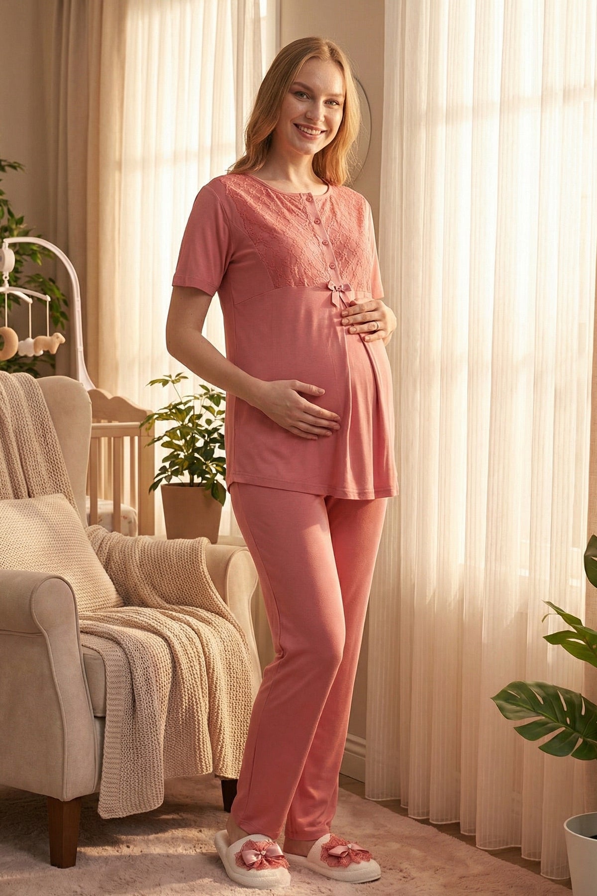 Guipure Collar 3-Piece Maternity Feeding-Friendly Pajama & Ribbed Robe Set Pomegranate Red - Z3461