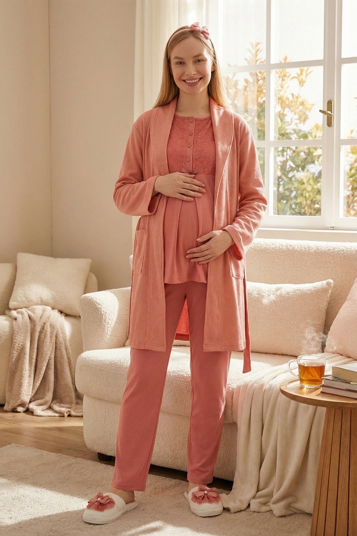 Guipure Collar 3-Piece Maternity Feeding-Friendly Pajama & Ribbed Robe Set Pomegranate Red - Z3461