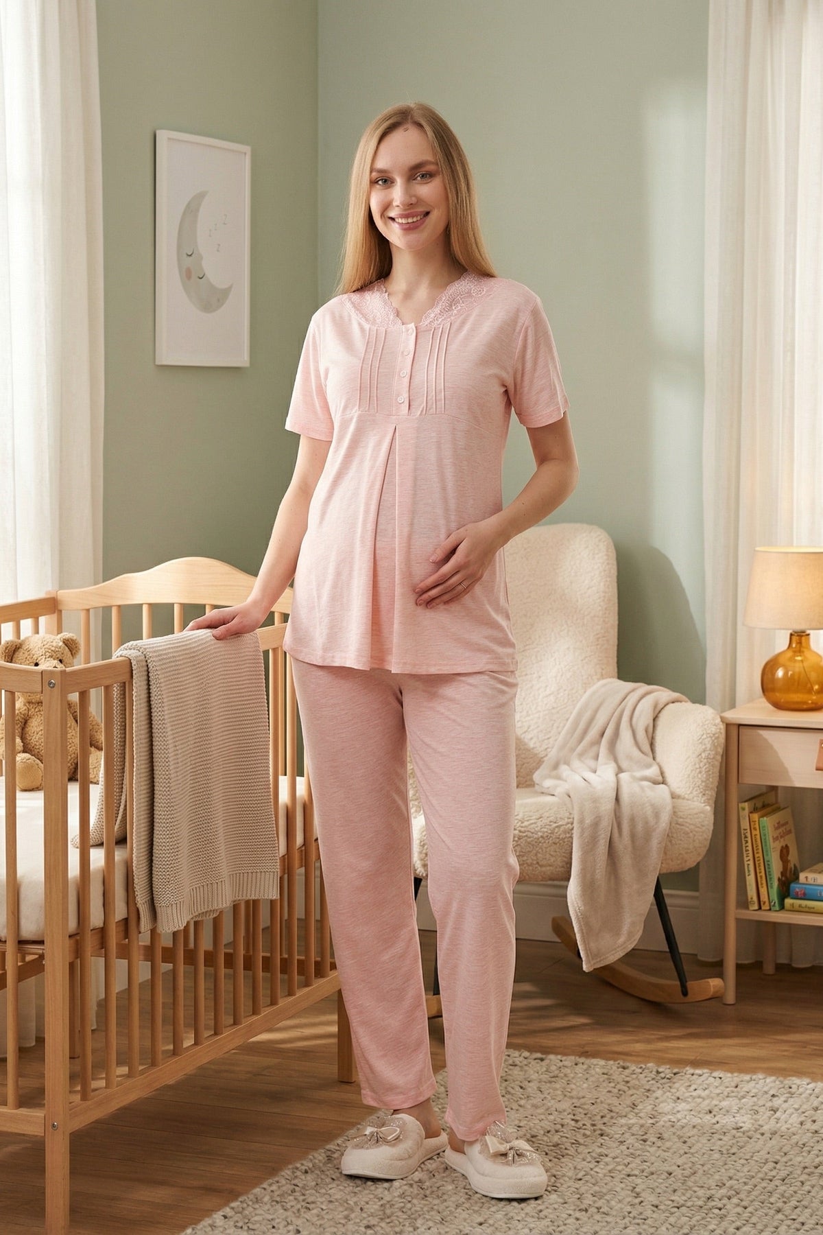 Lace Collar 3-Piece Maternity Feeding-Friendly Pajama & Crepe Robe Set Salmon - Z3462