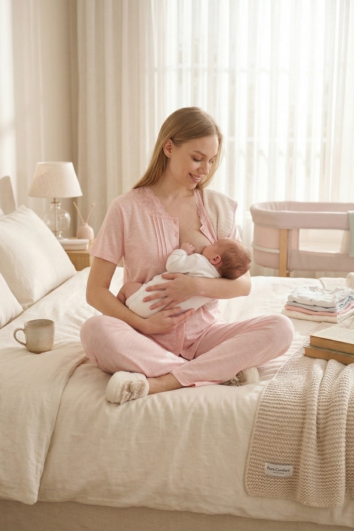 Lace Collar 3-Piece Maternity Feeding-Friendly Pajama & Crepe Robe Set Salmon - Z3462