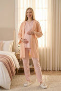 Lace Collar 3-Piece Maternity Feeding-Friendly Pajama & Crepe Robe Set Salmon - Z3462