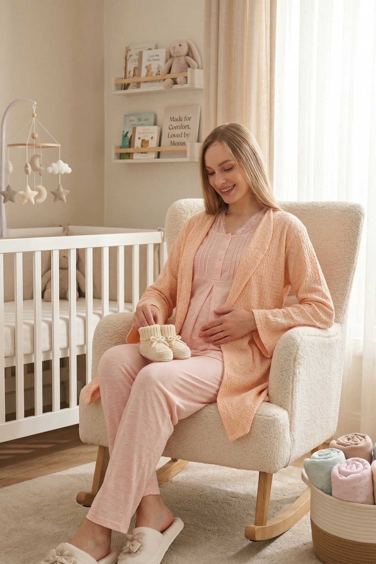 Lace Collar 3-Piece Maternity Feeding-Friendly Pajama & Crepe Robe Set Salmon - Z3462
