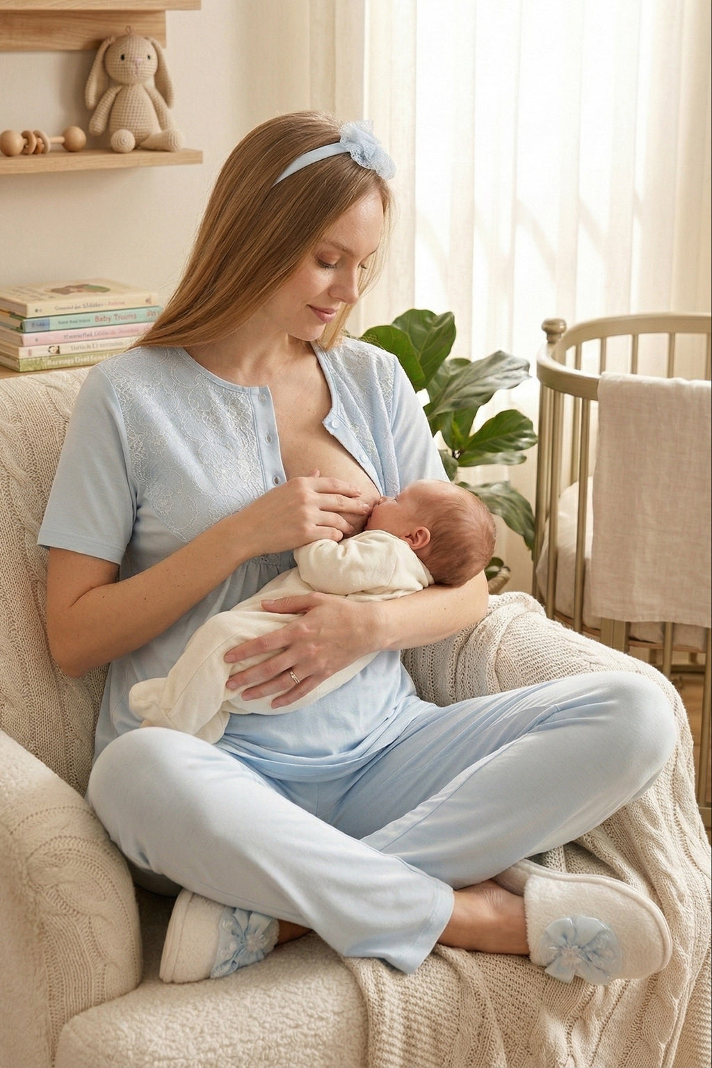 Lacy 3-Piece Maternity Feeding-Friendly Pajama & Textured Robe Set Blue - Z3463