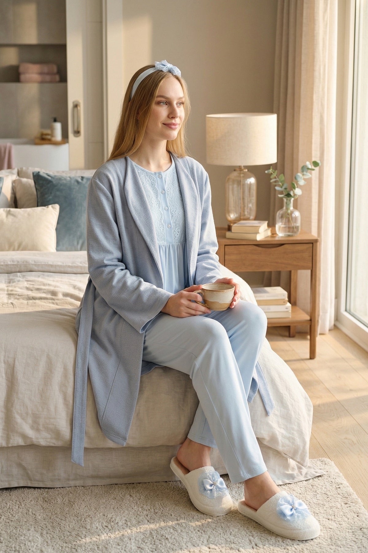 Lacy 3-Piece Maternity Feeding-Friendly Pajama & Textured Robe Set Blue - Z3463