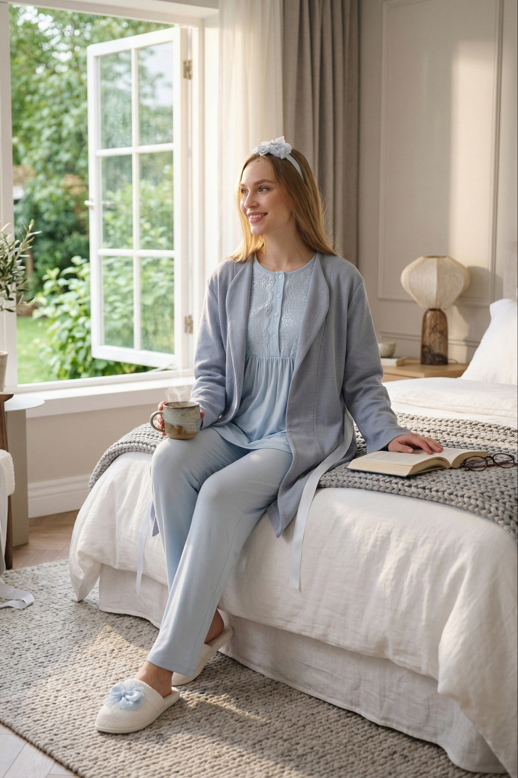 Lacy 3-Piece Maternity Feeding-Friendly Pajama & Textured Robe Set Blue - Z3463