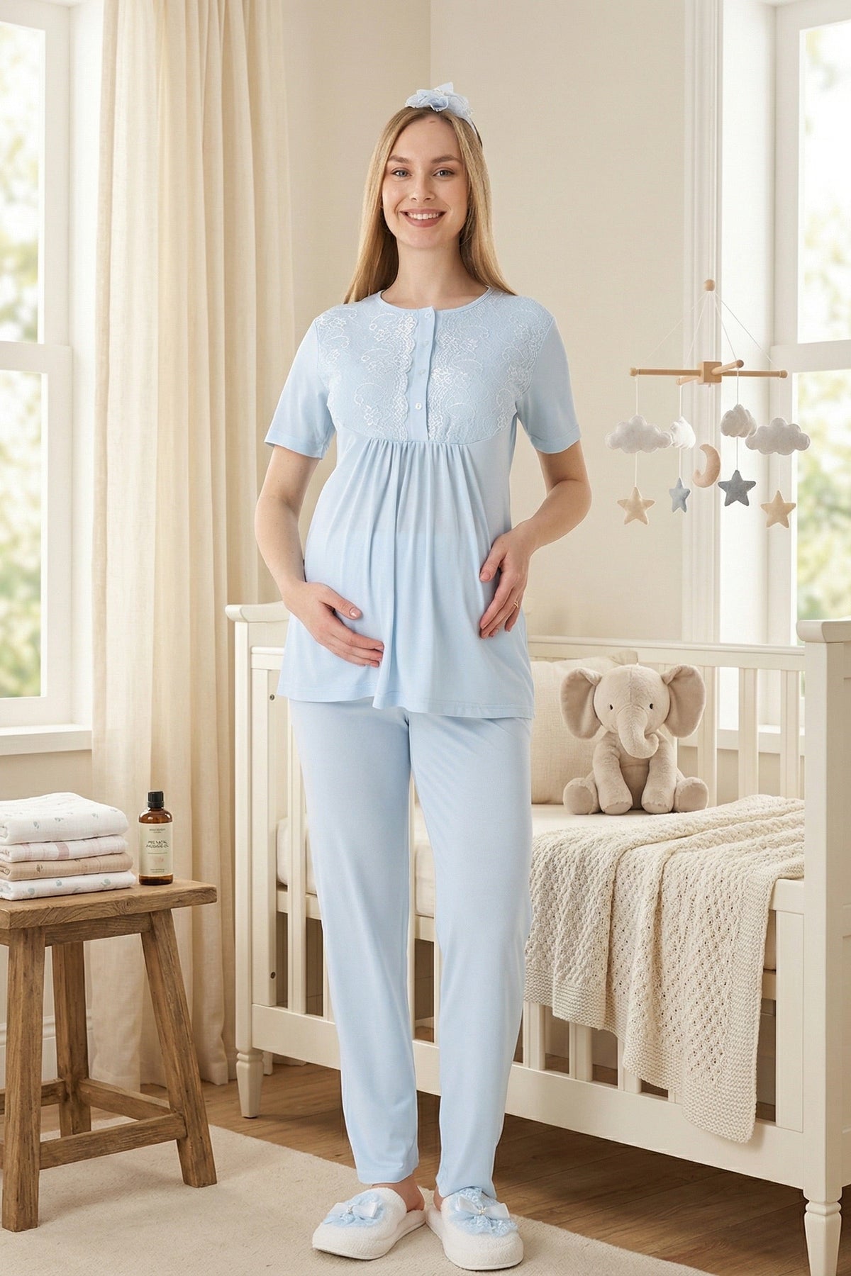 Lacy 3-Piece Maternity Feeding-Friendly Pajama & Textured Robe Set Blue - Z3463