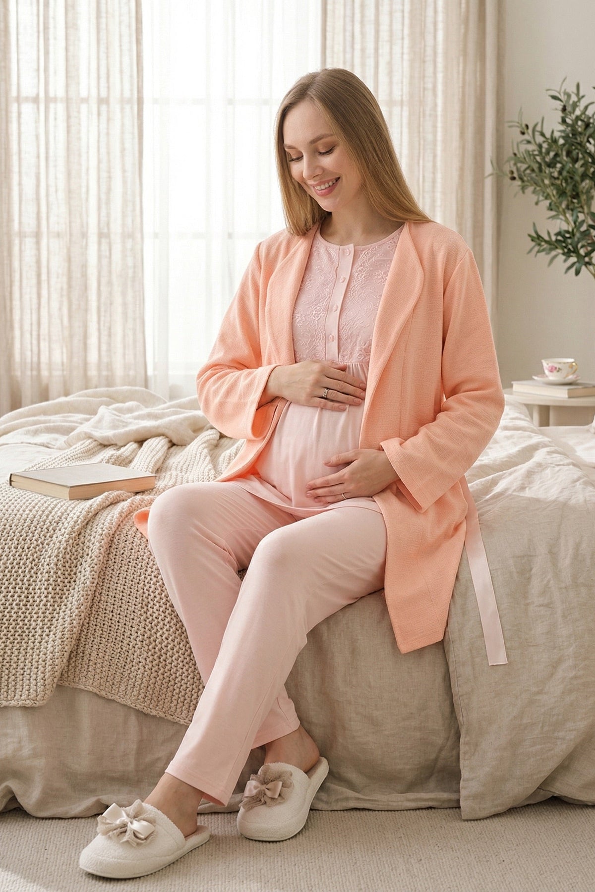 Lacy 3-Piece Maternity Feeding-Friendly Pajama & Textured Robe Set Salmon - Z3463