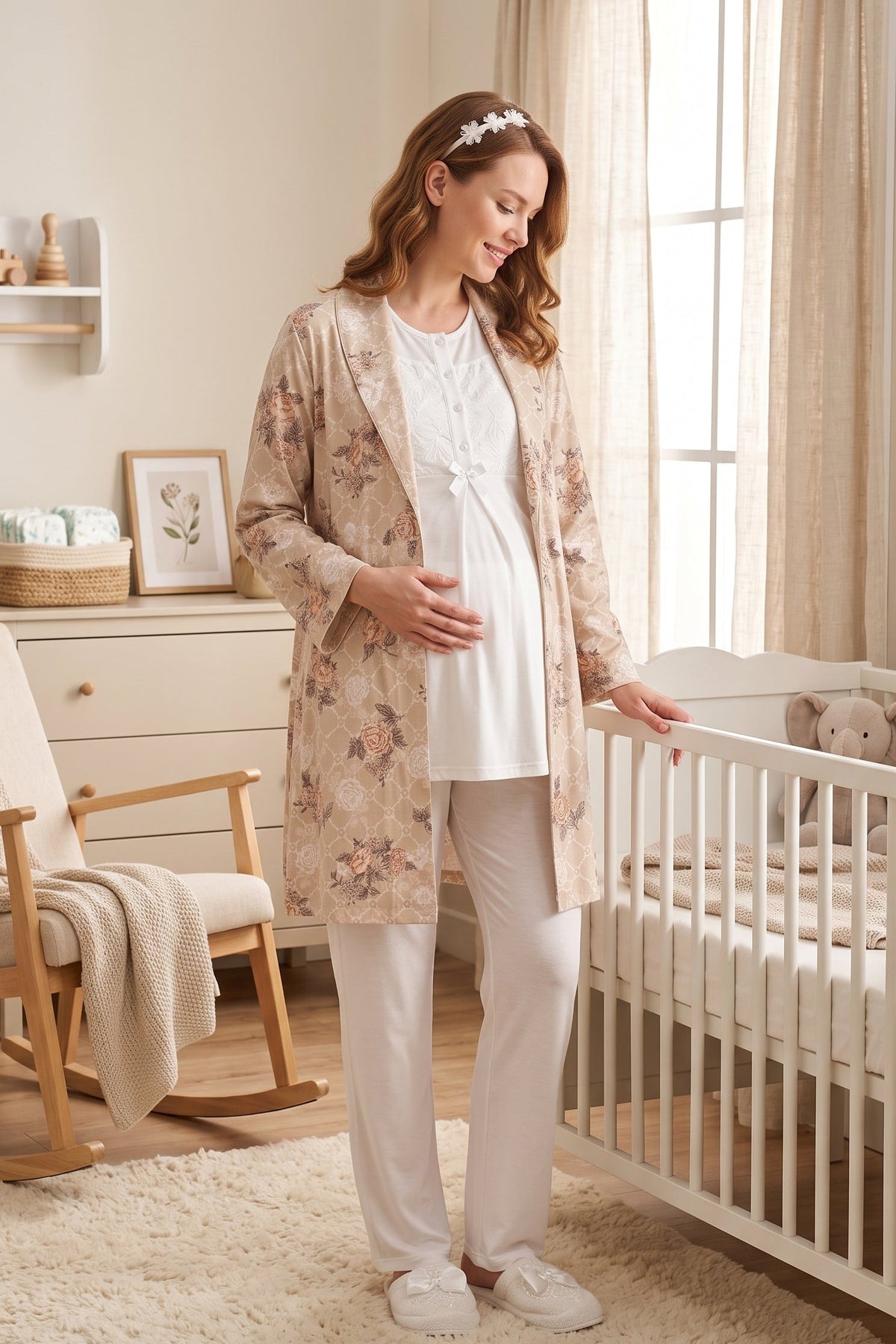 Guipure Collar 3-Piece Maternity Feeding-Friendly Pajama & Patterned Robe Set Ecru - Z3465