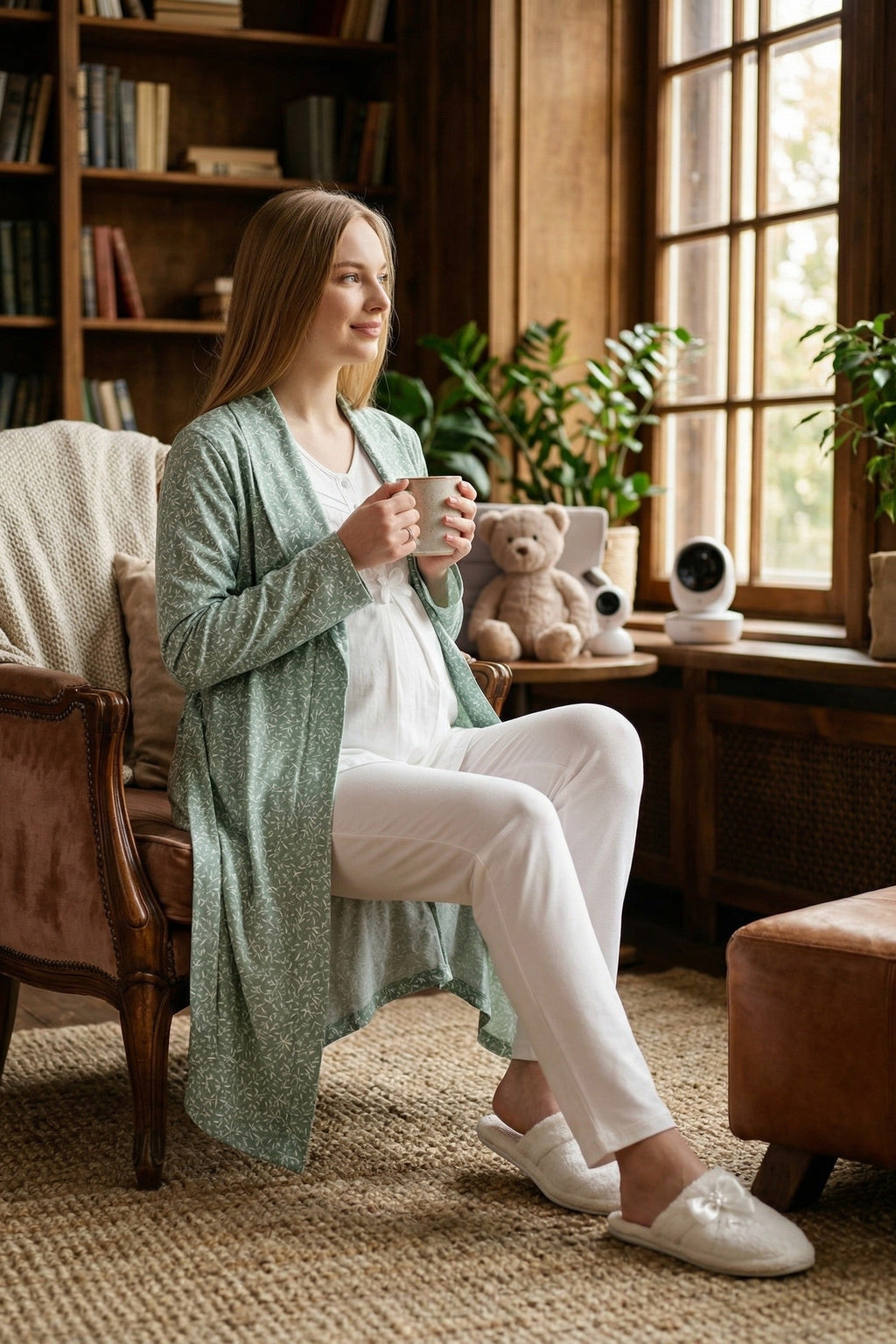 Guipure 3-Piece Maternity Feeding-Friendly Pajama & Patterned Robe Set Green/Ecru - Z3466