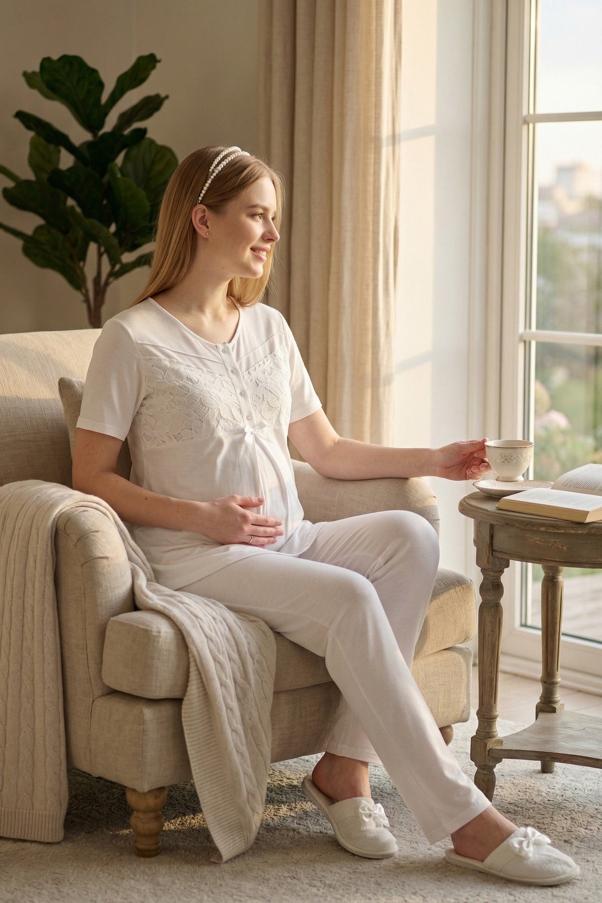 Guipure 3-Piece Maternity Feeding-Friendly Pajama & Patterned Robe Set Green/Ecru - Z3466