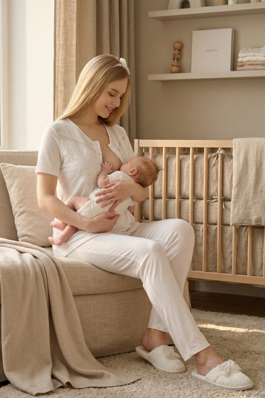 Guipure 3-Piece Maternity Feeding-Friendly Pajama & Patterned Robe Set Green/Ecru - Z3466