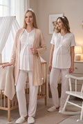 Guipure 3-Piece Maternity Feeding-Friendly Pajama & Patterned Robe Set Mink/Ecru - Z3466
