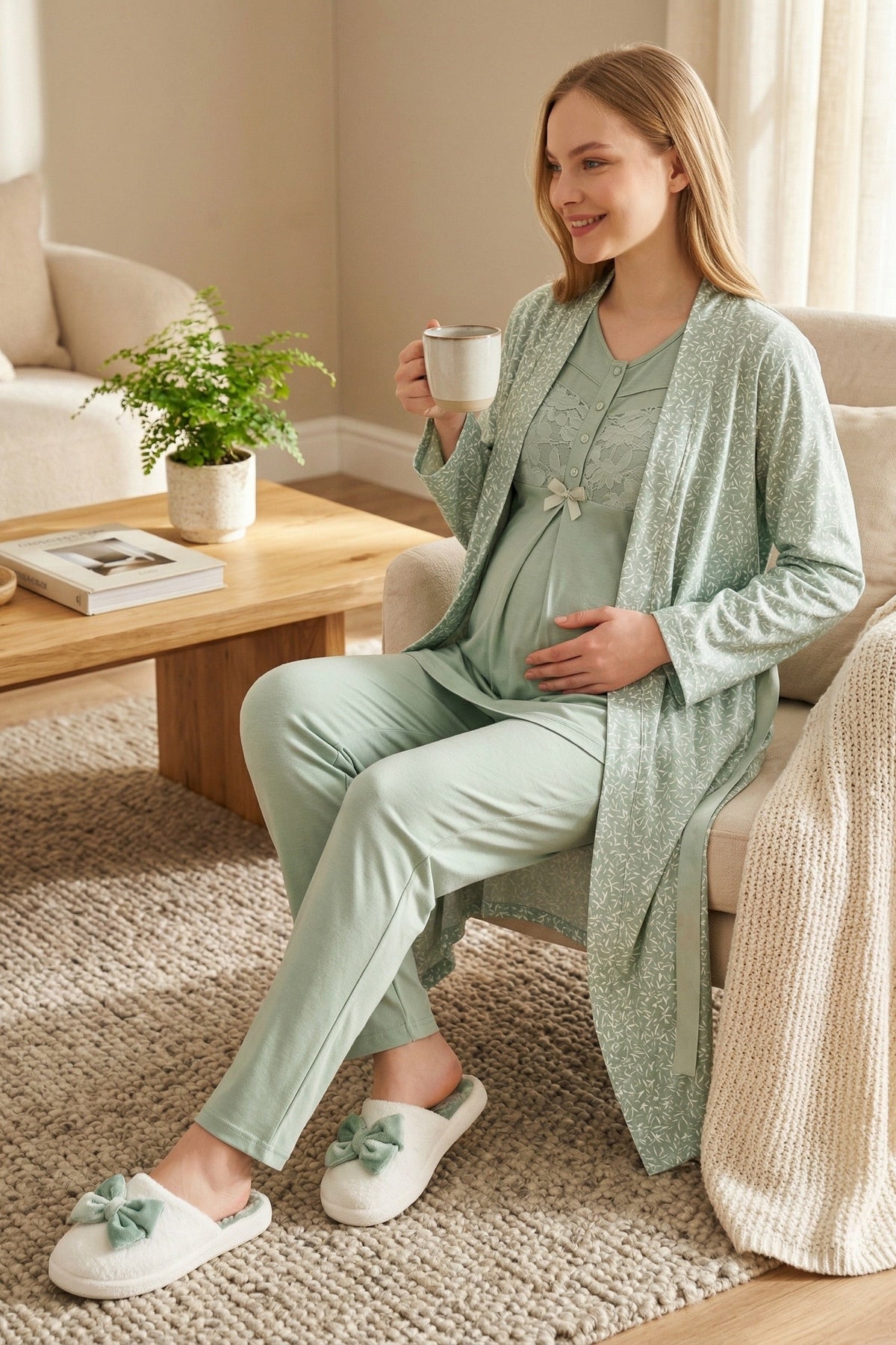 Guipure 3-Piece Maternity Feeding-Friendly Pajama & Patterned Robe Set Green - Z3466
