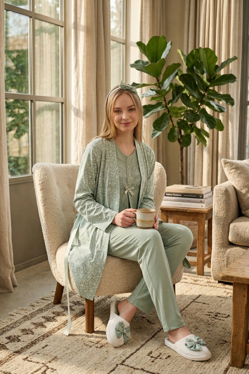Guipure 3-Piece Maternity Feeding-Friendly Pajama & Patterned Robe Set Green - Z3466