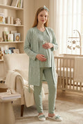 Guipure 3-Piece Maternity Feeding-Friendly Pajama & Patterned Robe Set Green - Z3466