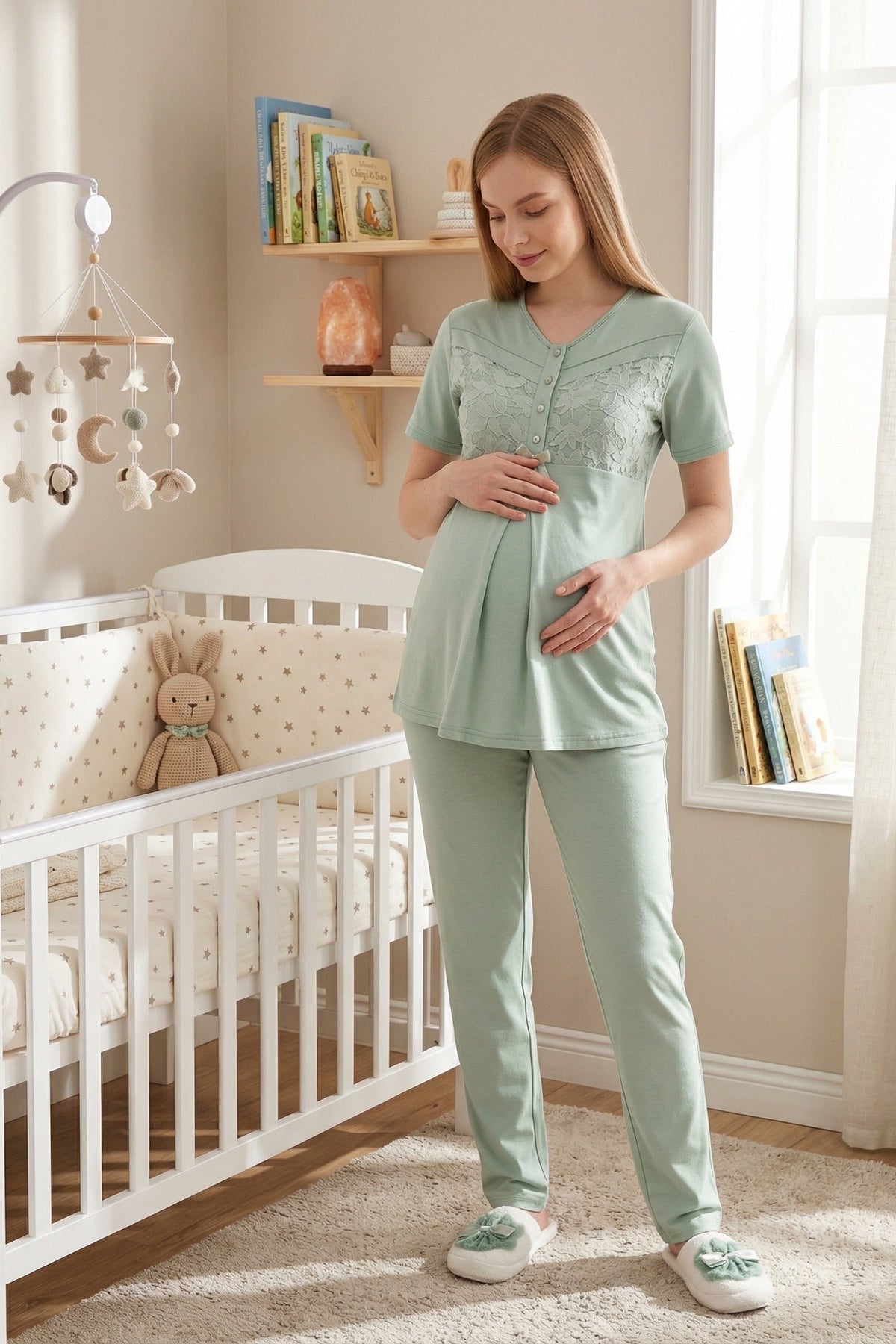 Guipure 3-Piece Maternity Feeding-Friendly Pajama & Patterned Robe Set Green - Z3466
