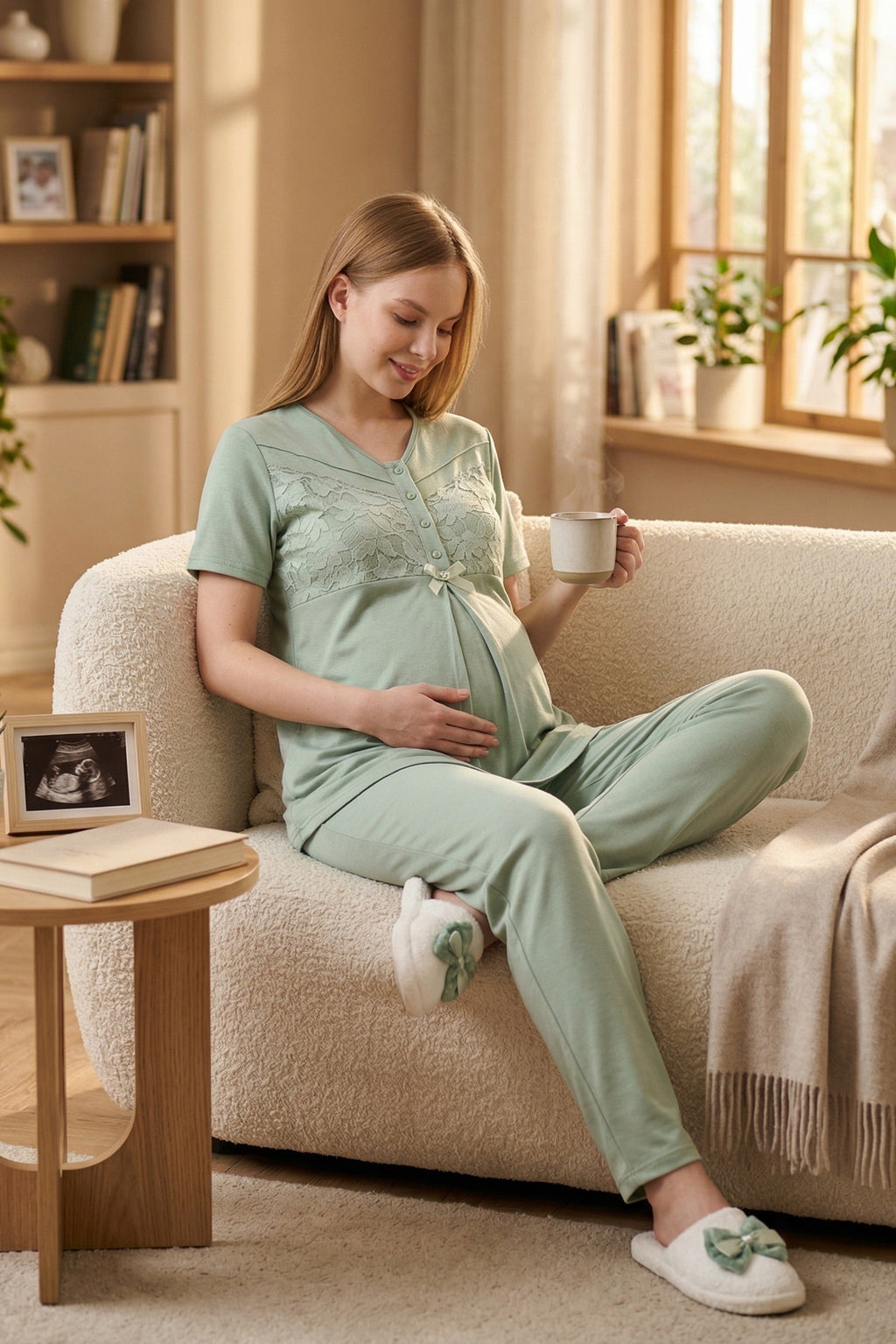 Guipure 3-Piece Maternity Feeding-Friendly Pajama & Patterned Robe Set Green - Z3466