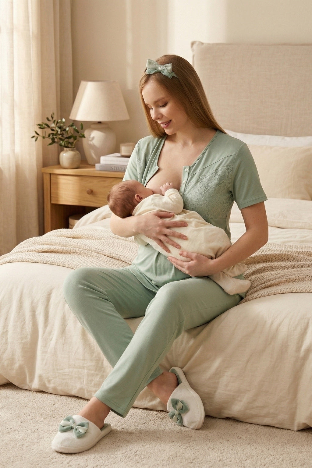 Guipure 3-Piece Maternity Feeding-Friendly Pajama & Patterned Robe Set Green - Z3466