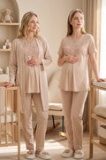 Guipure 3-Piece Maternity Feeding-Friendly Pajama & Patterned Robe Set Mink - Z3466