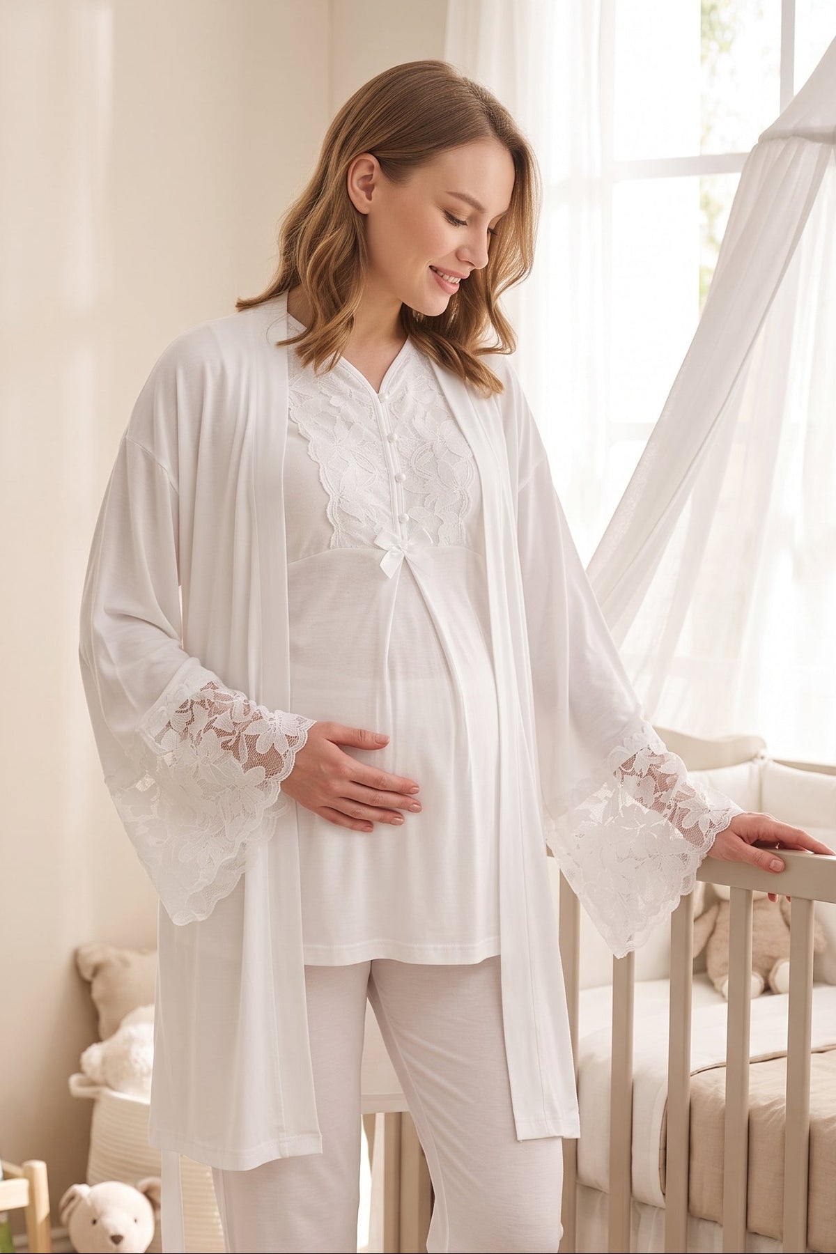 Flower Lace Collar 3-Piece Maternity Feeding-Friendly Pajama & Flower Lace Sleeve Robe Set Ecru - Z3468