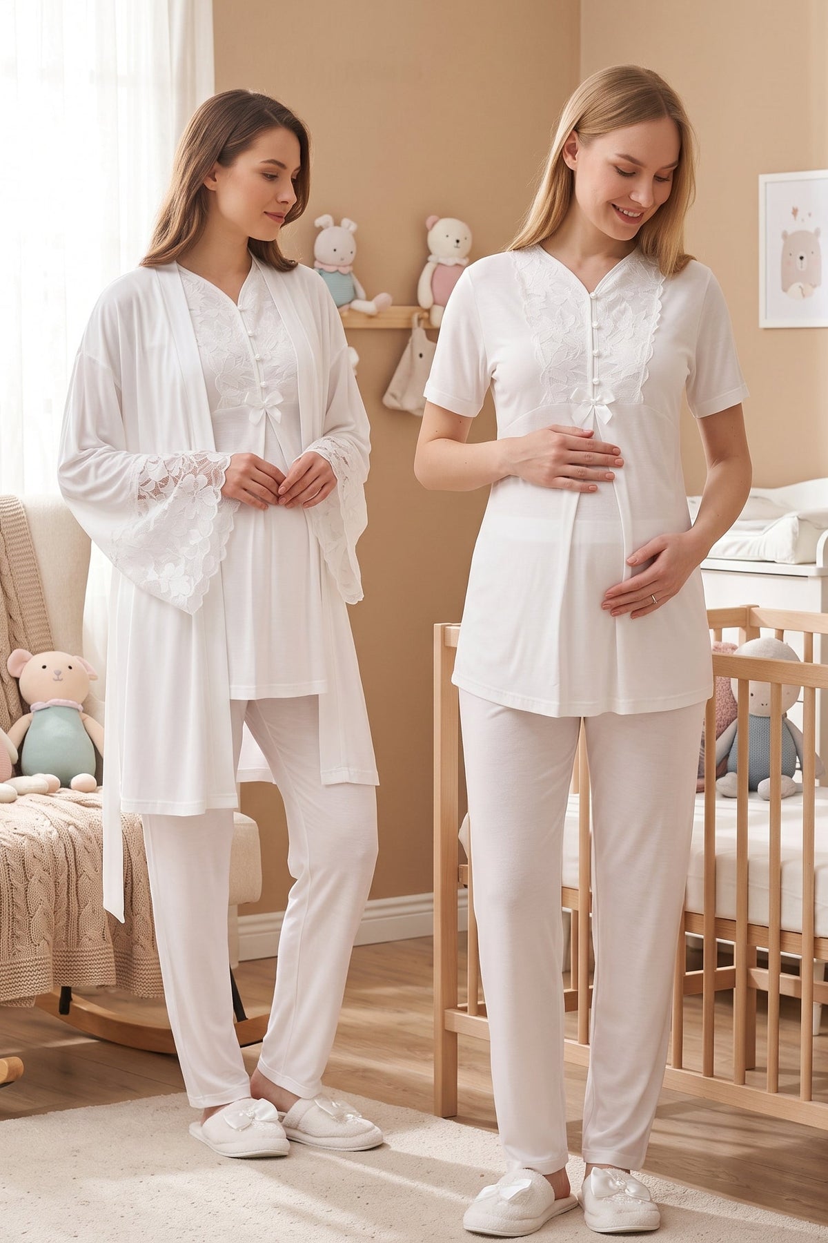 Flower Lace Collar 3-Piece Maternity Feeding-Friendly Pajama & Flower Lace Sleeve Robe Set Ecru - Z3468