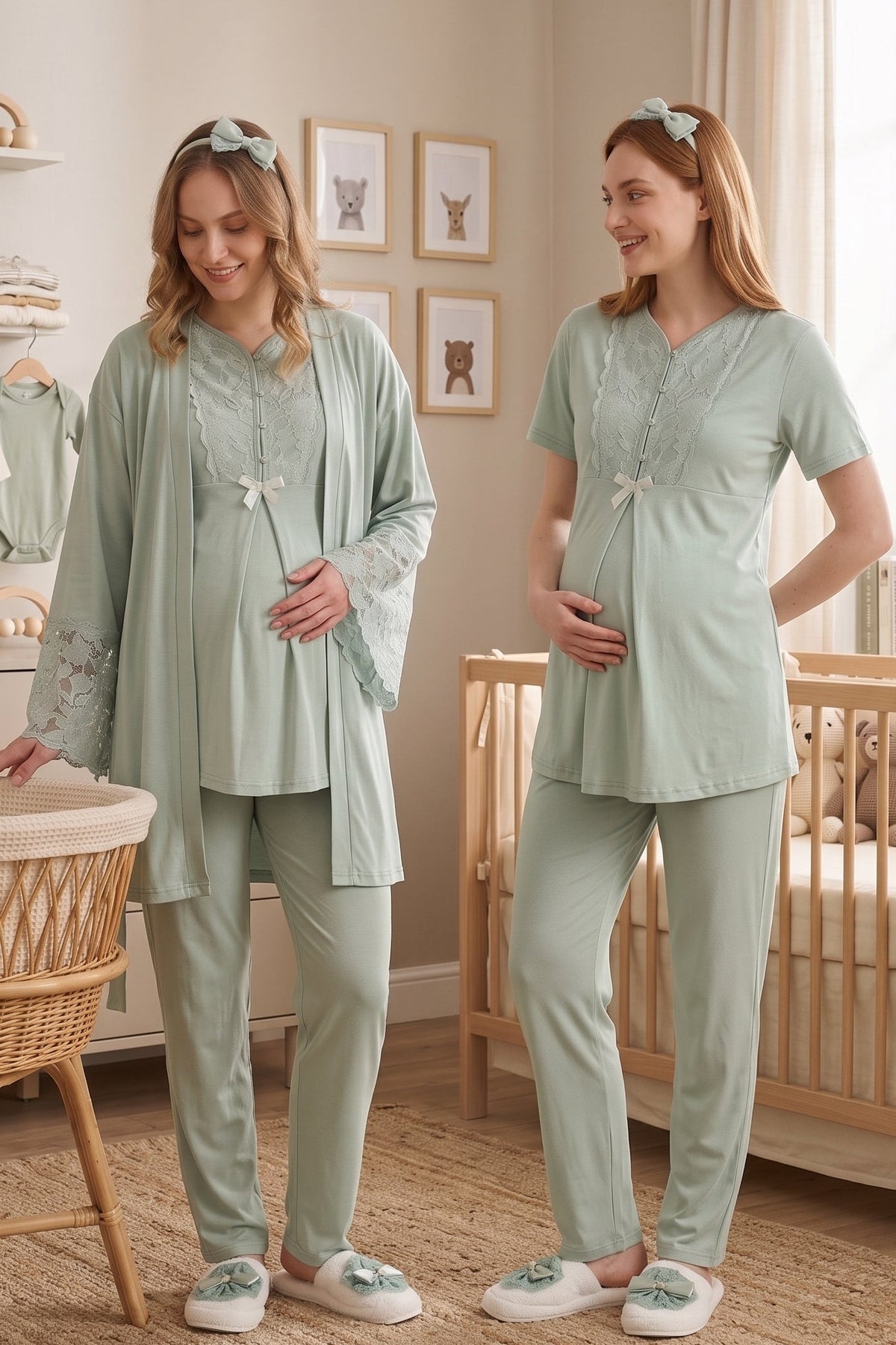 Flower Lace Collar 3-Piece Maternity Feeding-Friendly Pajama & Flower Lace Sleeve Robe Set Green - Z3468