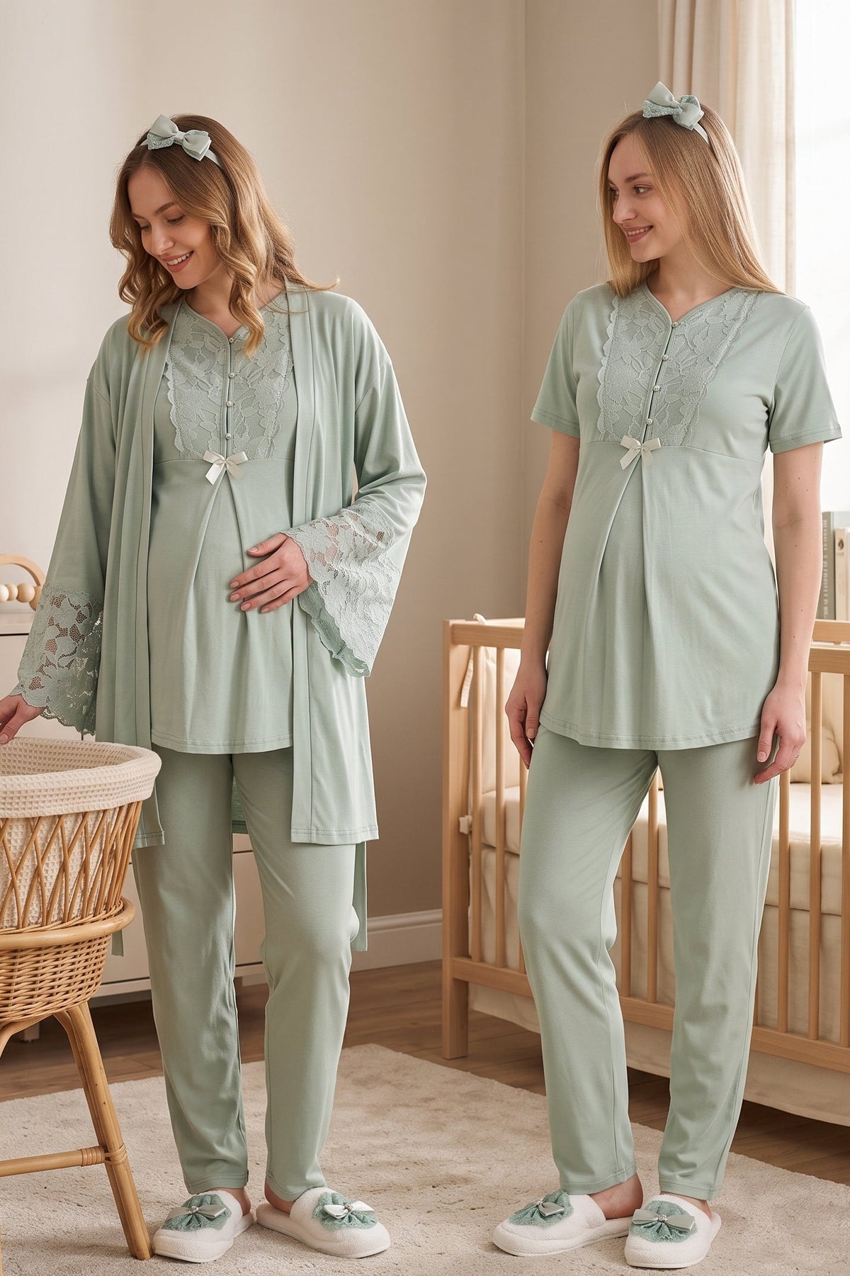 Flower Lace Collar 3-Piece Maternity Feeding-Friendly Pajama & Flower Lace Sleeve Robe Set Green - Z3468