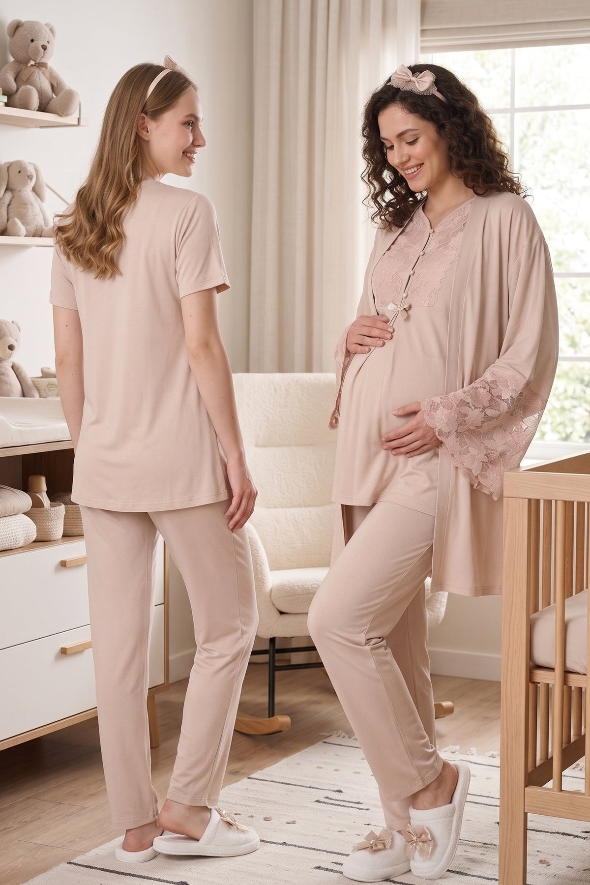 Flower Lace Collar 3-Piece Maternity Feeding-Friendly Pajama & Flower Lace Sleeve Robe Set Mink - Z3468