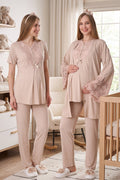 Flower Lace Collar 3-Piece Maternity Feeding-Friendly Pajama & Flower Lace Sleeve Robe Set Mink - Z3468