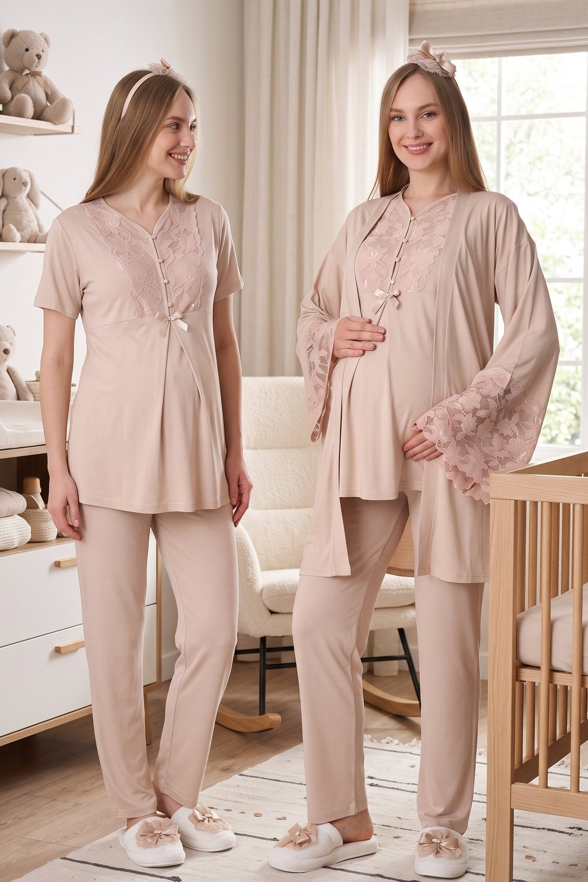 Flower Lace Collar 3-Piece Maternity Feeding-Friendly Pajama & Flower Lace Sleeve Robe Set Mink - Z3468