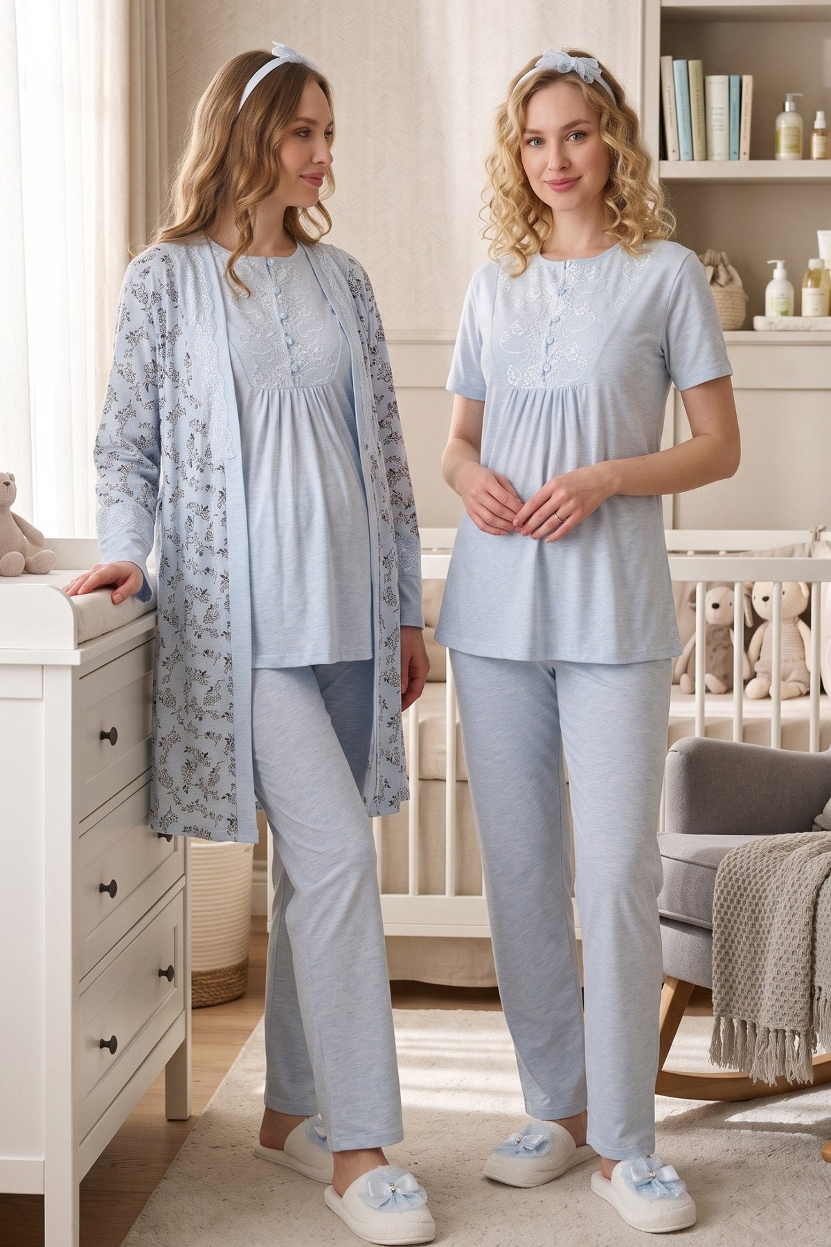 Lace Detailed 3-Piece Maternity Feeding-Friendly Pajama & Floral Patterned Robe Set Blue - Z3470