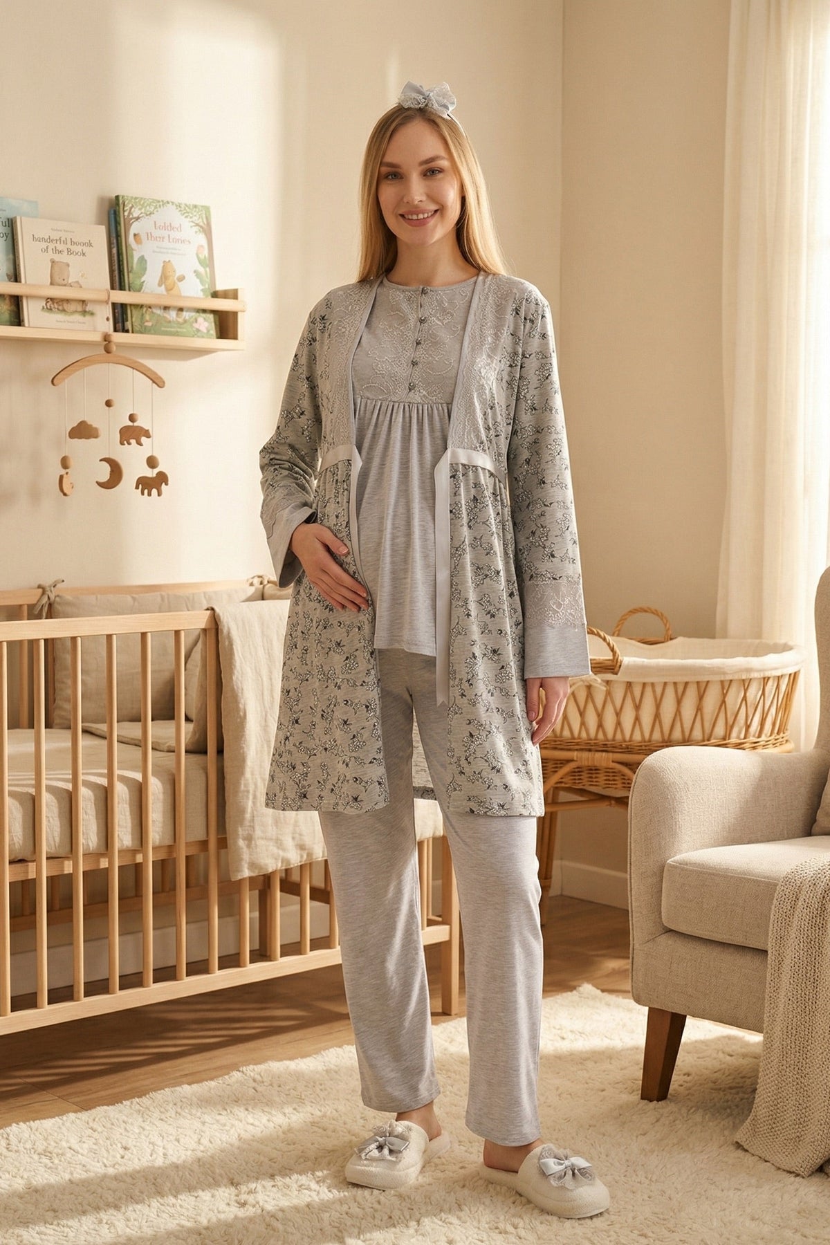 Lace Detailed 3-Piece Maternity Feeding-Friendly Pajama & Floral Patterned Robe Set Grey - Z3470