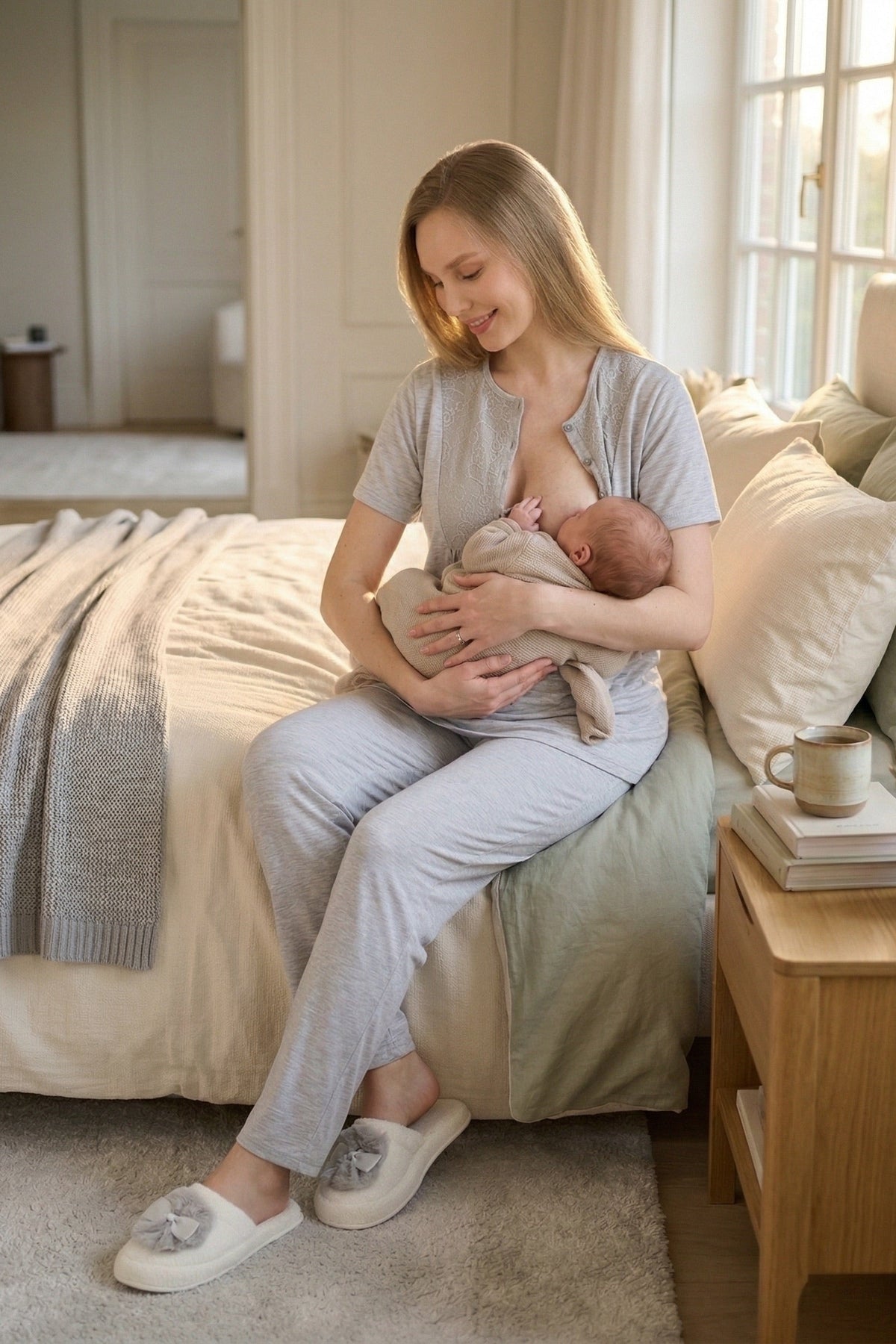 Lace Detailed 3-Piece Maternity Feeding-Friendly Pajama & Floral Patterned Robe Set Grey - Z3470
