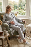Lace Detailed 3-Piece Maternity Feeding-Friendly Pajama & Floral Patterned Robe Set Grey - Z3470