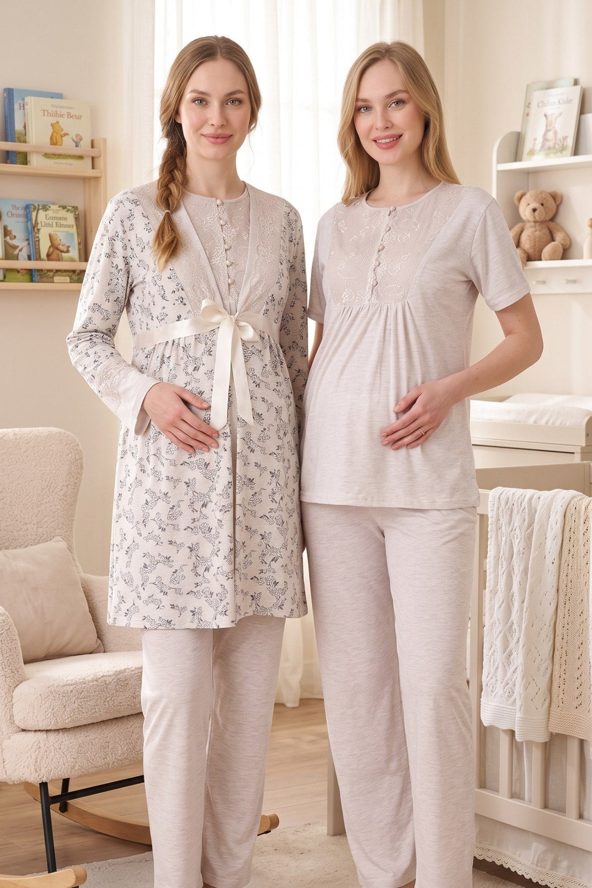 Lace Detailed 3-Piece Maternity Feeding-Friendly Pajama & Floral Patterned Robe Set Mink - Z3470
