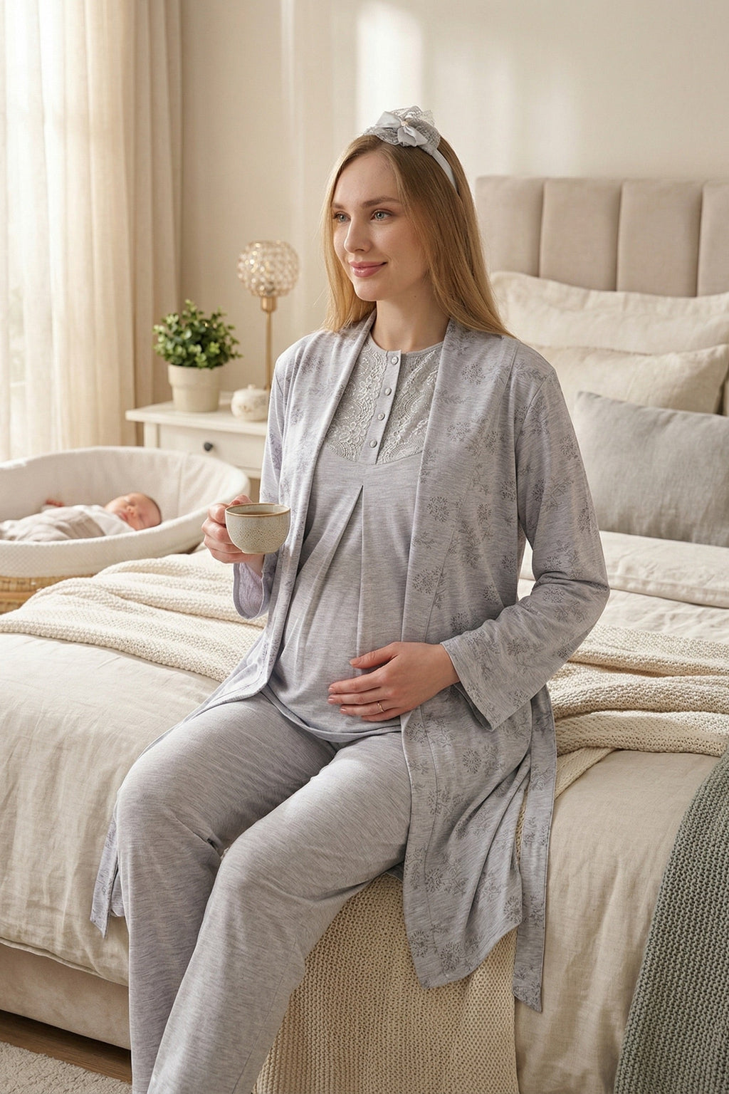 Lace Collar 3-Piece Maternity Feeding-Friendly Pajama & Flower Patterned Robe Set Grey - Z3471