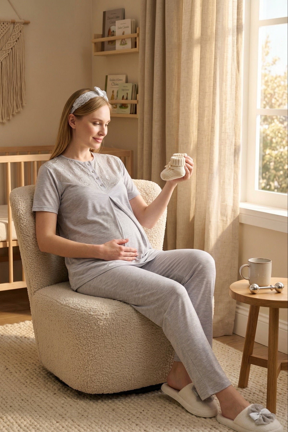 Lace Collar 3-Piece Maternity Feeding-Friendly Pajama & Flower Patterned Robe Set Grey - Z3471