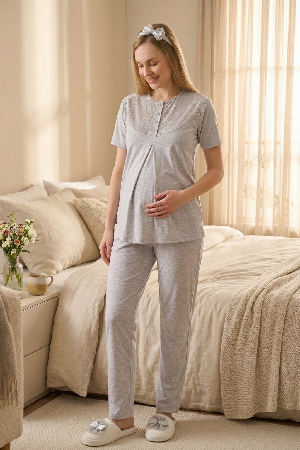 Lace Collar 3-Piece Maternity Feeding-Friendly Pajama & Flower Patterned Robe Set Grey - Z3471