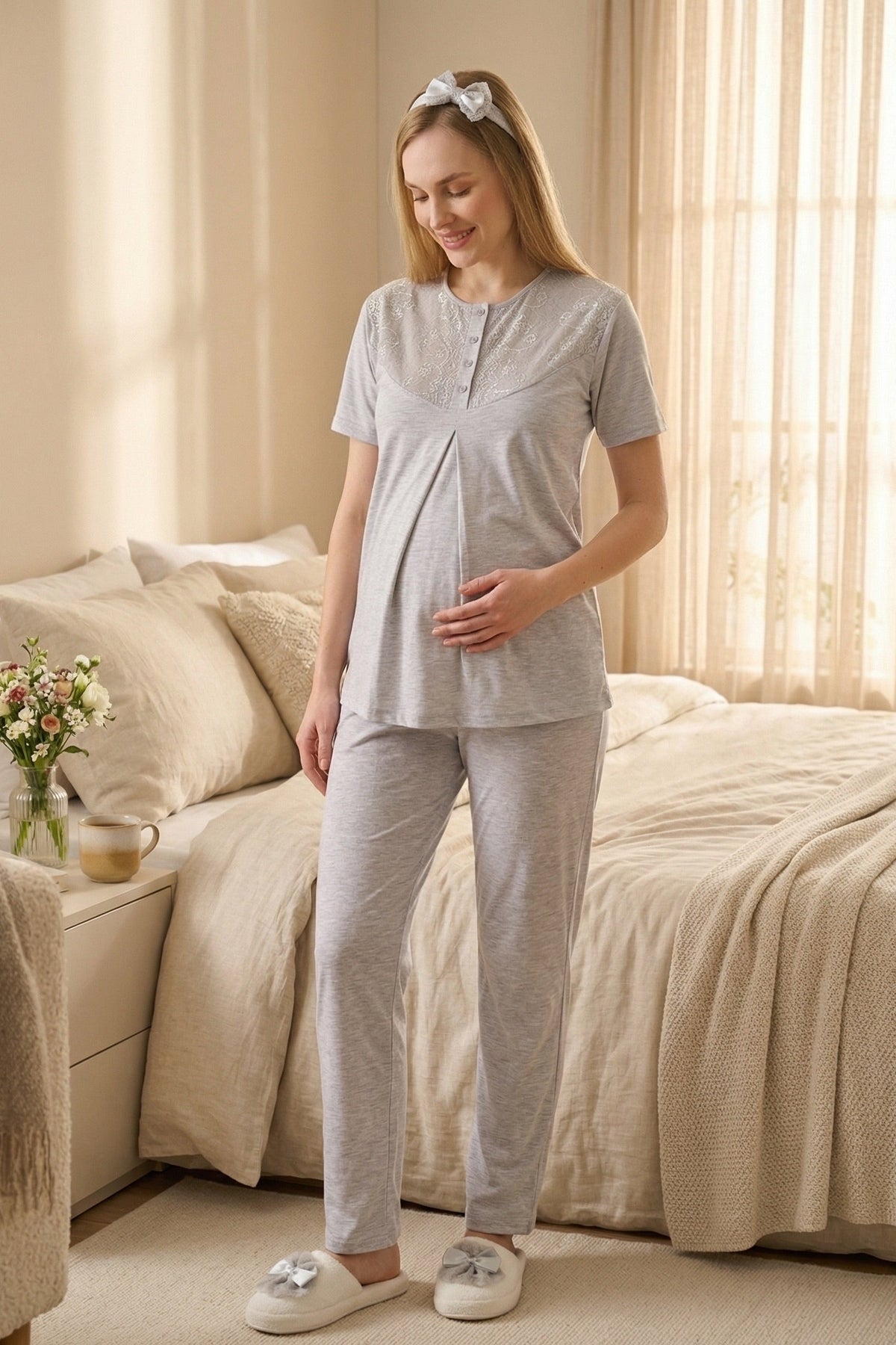 Lace Collar 3-Piece Maternity Feeding-Friendly Pajama & Flower Patterned Robe Set Grey - Z3471
