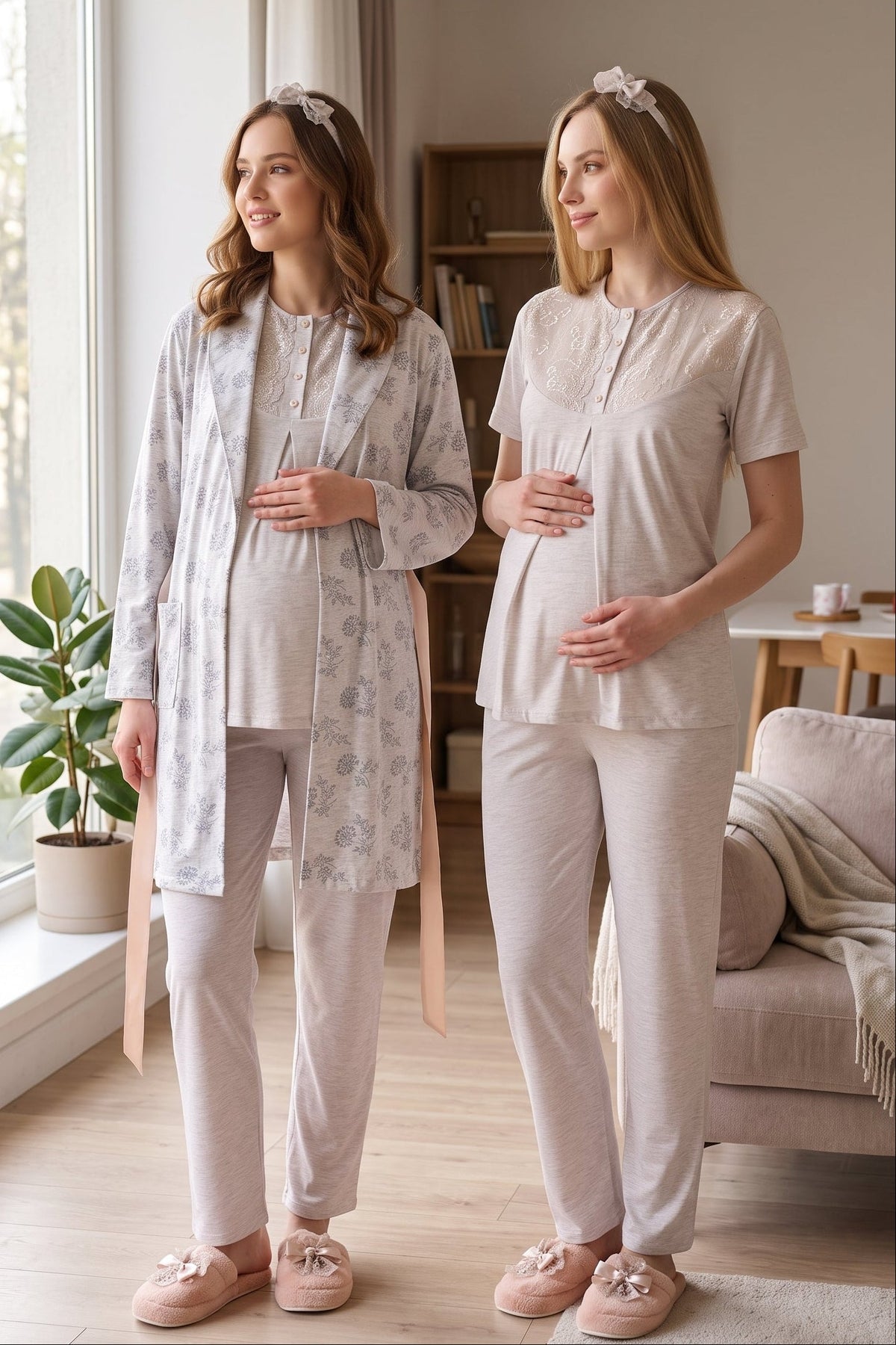 Lace Collar 3-Piece Maternity Feeding-Friendly Pajama & Flower Patterned Robe Set Mink - Z3471