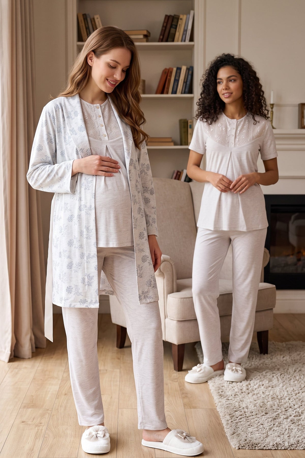 Lace Collar 3-Piece Maternity Feeding-Friendly Pajama & Flower Patterned Robe Set Mink - Z3471