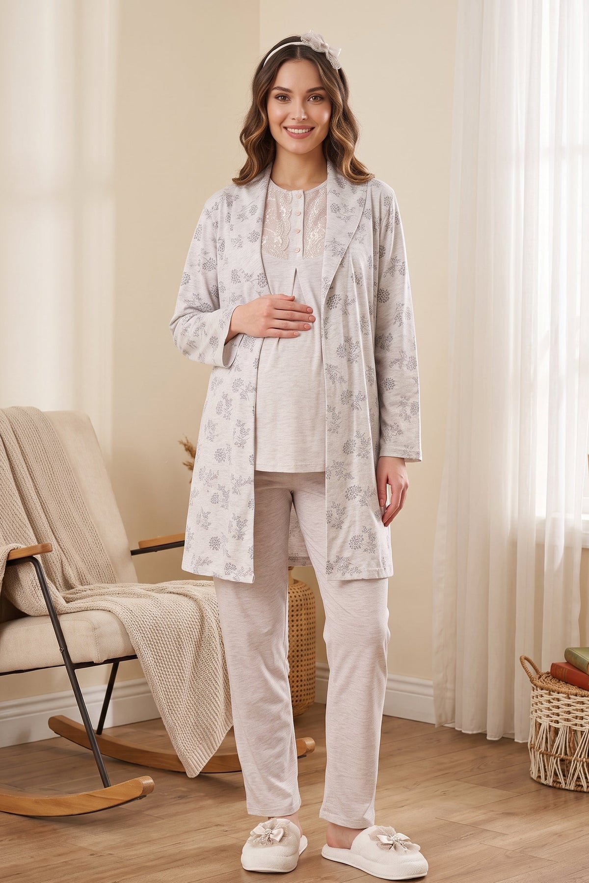 Lace Collar 3-Piece Maternity Feeding-Friendly Pajama & Flower Patterned Robe Set Mink - Z3471
