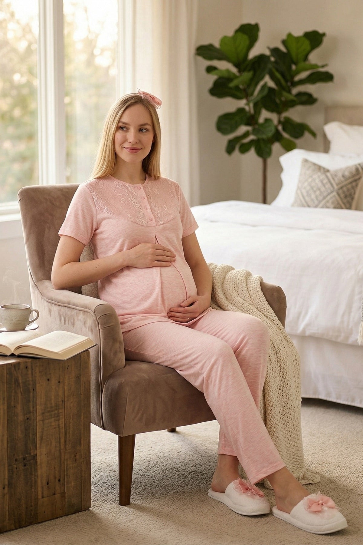 Lace Collar 3-Piece Maternity Feeding-Friendly Pajama & Flower Patterned Robe Set Salmon - Z3471