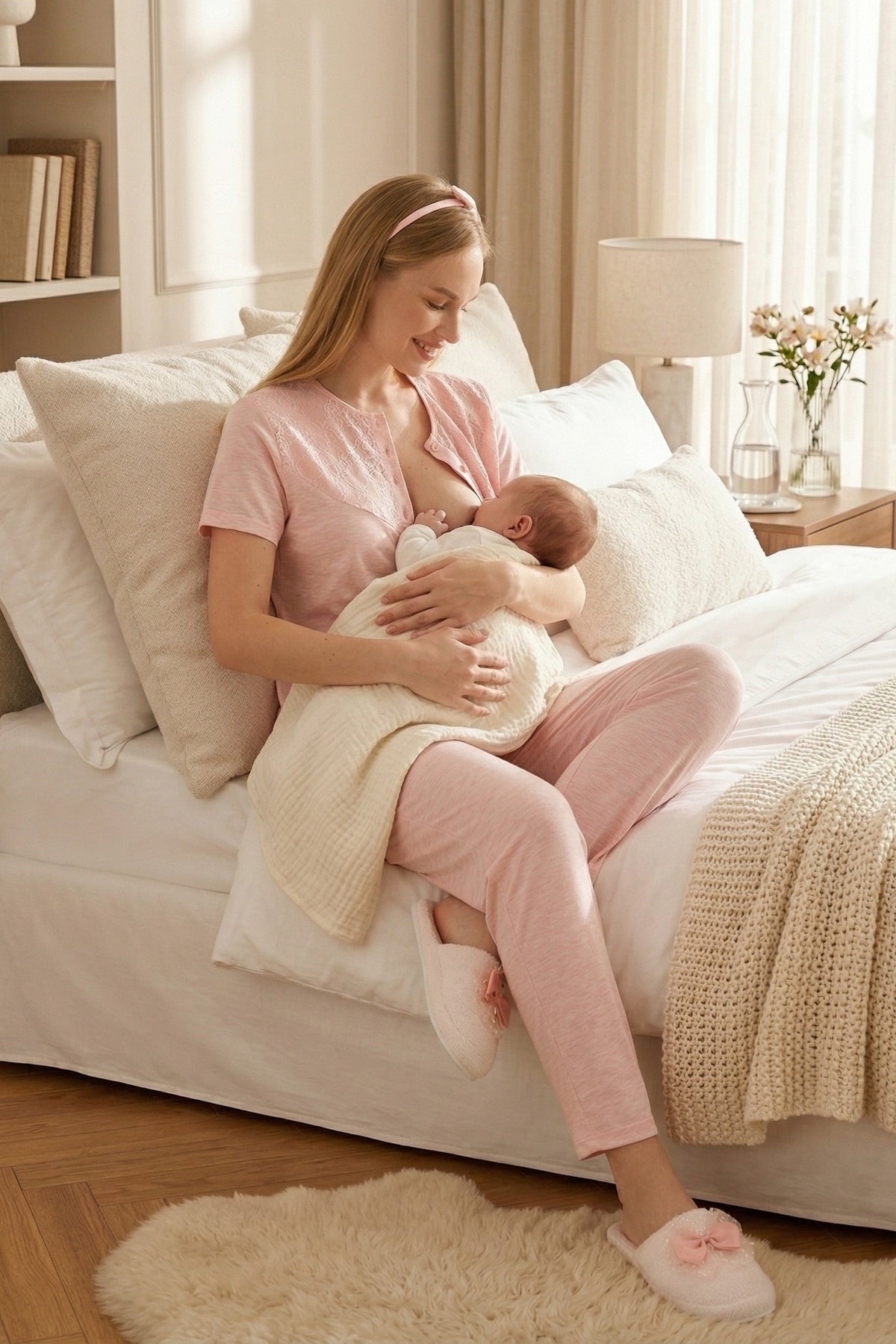 Lace Collar 3-Piece Maternity Feeding-Friendly Pajama & Flower Patterned Robe Set Salmon - Z3471