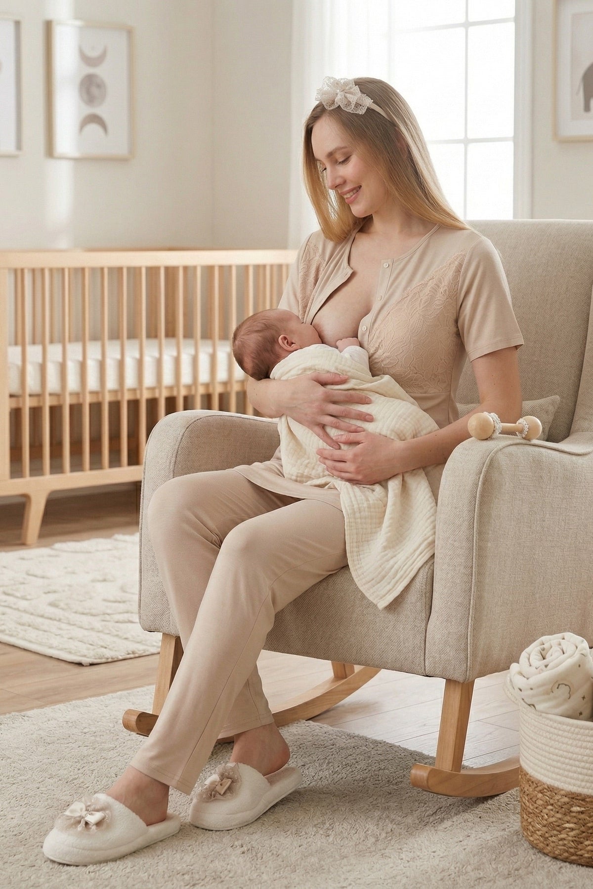 Elegant Lace Detailed 3-Piece Maternity Feeding-Friendly Pajama & Jacquard Robe Set Mink - Z3472