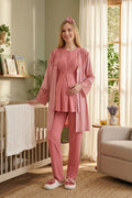 Elegant Lace Detailed 3-Piece Maternity Feeding-Friendly Pajama & Jacquard Robe Set Pomegranate Red - Z3472