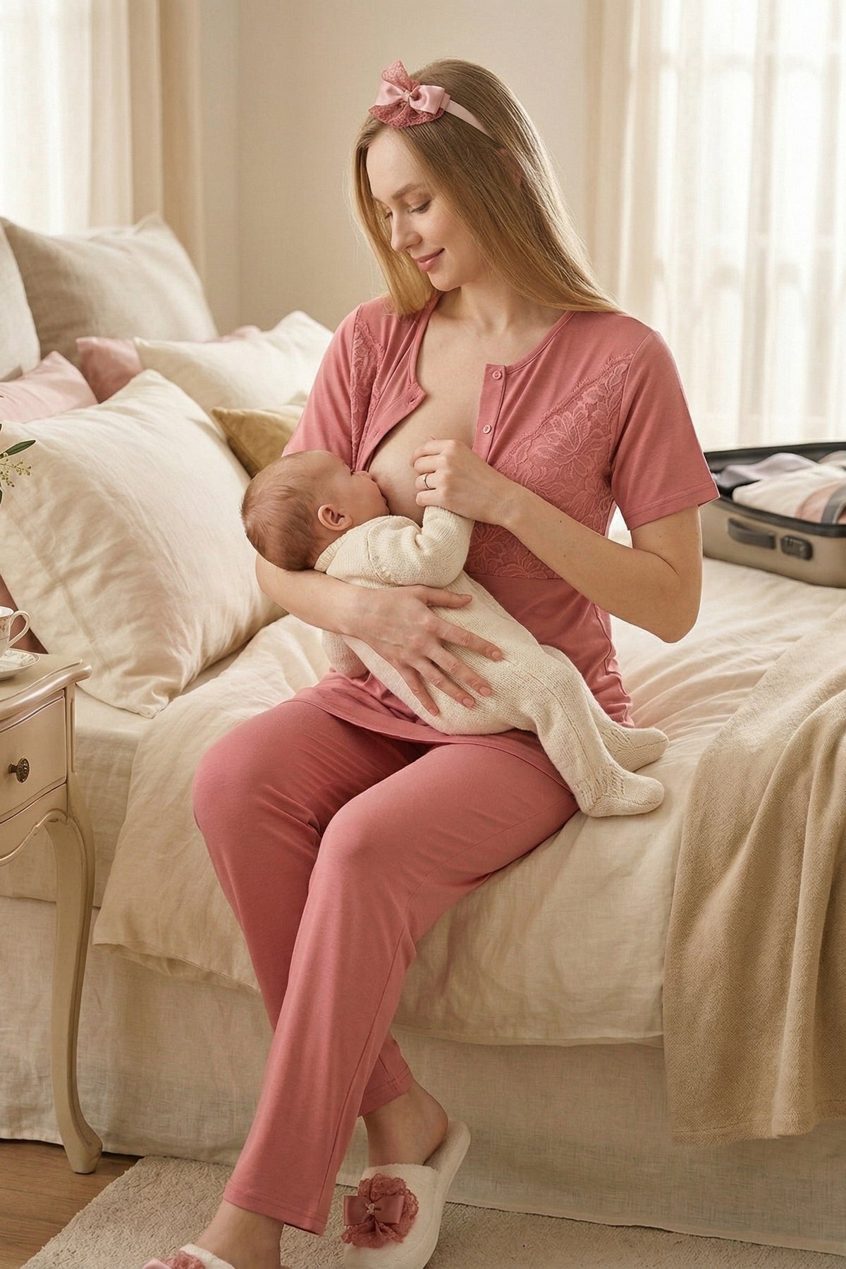 Elegant Lace Detailed 3-Piece Maternity Feeding-Friendly Pajama & Jacquard Robe Set Pomegranate Red - Z3472
